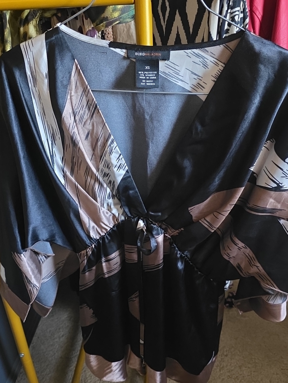 BCBGMaxAzria Black Satin Top with Bronze & Cream Brushstrokes